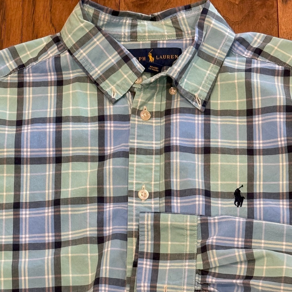 Ralph Lauren Kids XL 18-20 Blue Green Plaid‎ Cotton Button Down Shirt Pony Logo